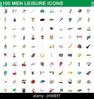 100 men leisure icons set, cartoon style Stock Vector