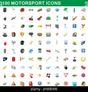 100 motorsport icons set, cartoon style Stock Vector