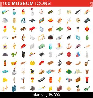 100 museum icons set, isometric 3d style Stock Vector