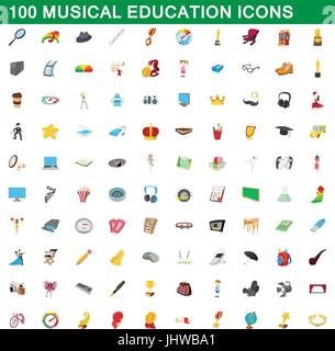 100 musical education icons set, cartoon style Stock Vector