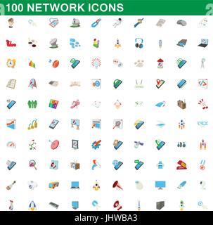100 network icons set, cartoon style Stock Vector
