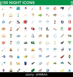 100 night icons set, cartoon style Stock Vector