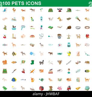 100 pets icons set, cartoon style Stock Vector