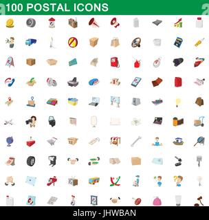 100 postal icons set, cartoon style Stock Vector