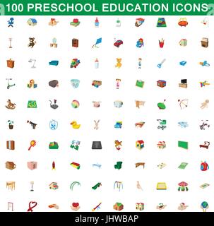 100 preschool education icons set, cartoon style Stock Vector
