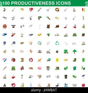 100 productiveness icons set, cartoon style Stock Vector