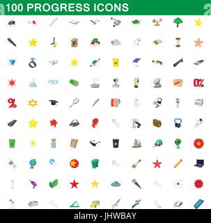 100 progress icons set, cartoon style Stock Vector