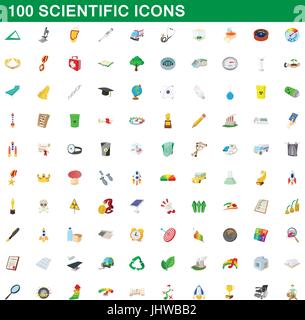 100 scientific icons set, cartoon style Stock Vector