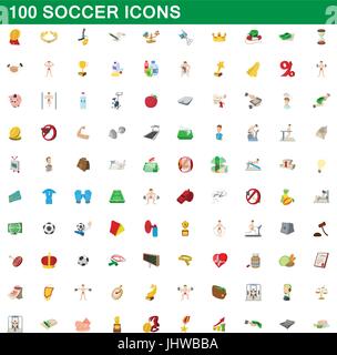 100 soccer icons set, cartoon style Stock Vector