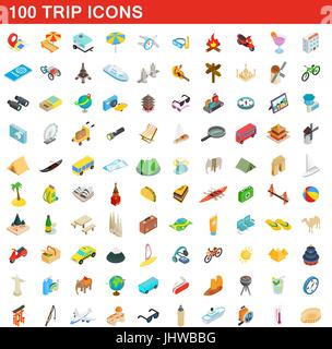 100 trip icons set, isometric 3d style Stock Vector