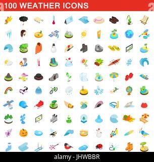 100 weather icons set, isometric 3d style Stock Vector