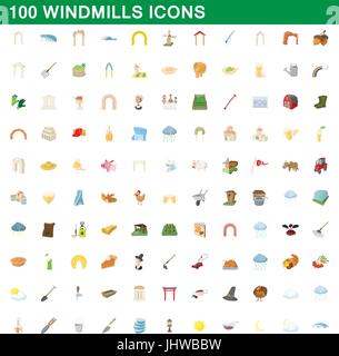 100 windmills icons set, cartoon style Stock Vector