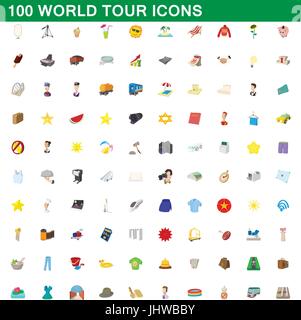 100 world tour icons set, cartoon style Stock Vector