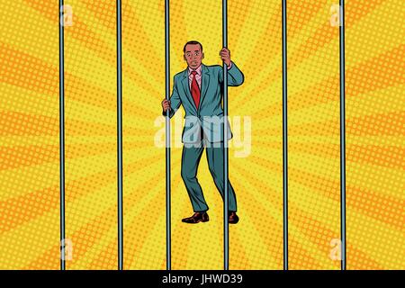 African Businessman in jail behind bars. Pop art retro vector illustration Stock Vector