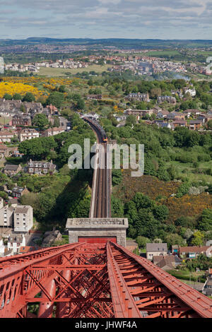 North Queensferry, The Forth Bridge (Fife) view from the top of  north cantilever as a Virgin trains east coast intercity 125 approaches Stock Photo