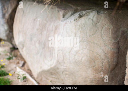 Neolithic art displayed on large stones, Kerbstones with spirals and lozenges at Knowth, Boyne Valley, Meath Ireland Stock Photo