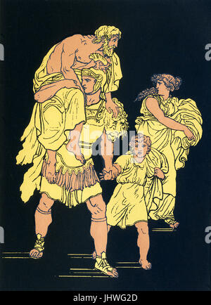 The Trojan hero Aeneas escaped his burning homeland after it was taken by the Greeks in the Trojan War and sailed west, landing eventually in Italy. Aeneas was honored by Romans as their great ancestor. This illustration, dating to around 1900, shows Aeneas fleeing burning Troy, with his father Anchises on his shoulder and his son Ascanius,whom he is holding by the hand. Behind them is Aeneas' wife Creusa, who does not, in the end, manage to escape the burning city. Stock Photo