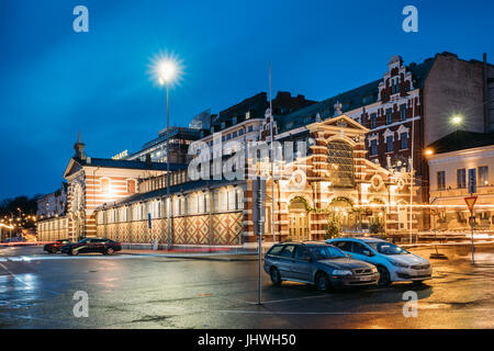 Helsinki, Finland - December 9, 2016: Old Market Hall Vanha Kauppahalli In City Center In Lighting At Evening Or Night Illumination. Famous Popular Pl Stock Photo