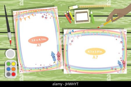 Photo frame on the table. Horizontal and vertical. Illustration for your design. With frames with fireworks. Hand writing with a brush on a wooden tab Stock Vector
