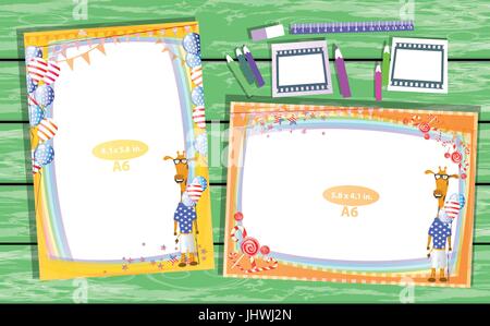 Photo frame on the table. Horizontal and vertical. Illustration for your design. With a frame with a giraffe guy on a green table made of wood. Stock Vector