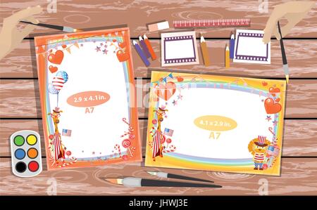 Photo frame on the table. Horizontal and vertical. Illustration for your design. With frame with giraffe girl and lion. Stock Vector