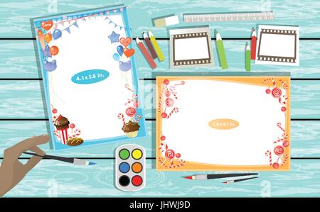 Photo frame on the table. Horizontal and vertical. Illustration for your design. With paints and brushes. Stock Vector