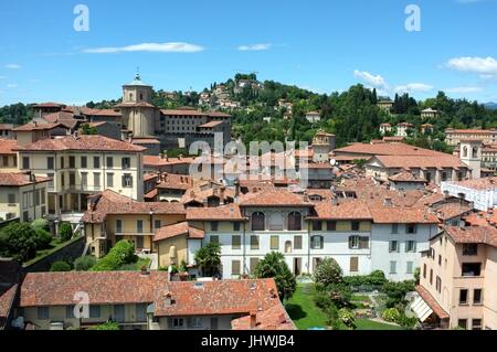 The skyline of the Citta Alta (upper city) facing west from the Civic Tower, Bergamo, Lombardy, northern Italy, July 2017 Stock Photo