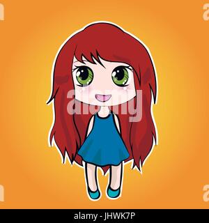 Anime cute little cartoon girl with red long hair Stock Vector