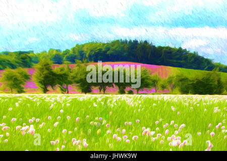 Landscape illustration in impressionistic style, poppy field, paintings art. Stock Photo