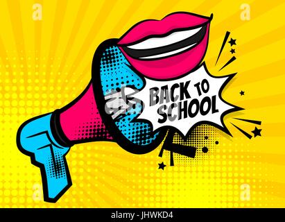 Megaphone pop art back to school woman lips Stock Vector