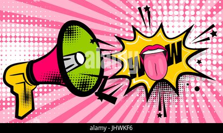 Megaphone pop art comic text wow Stock Vector