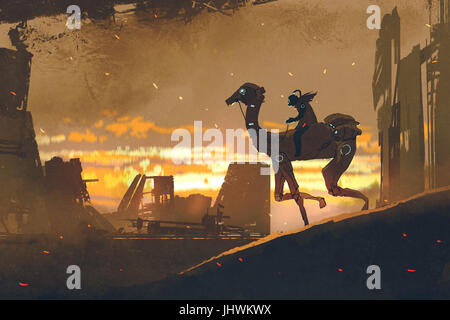 sci-fi scene of man on futuristic camel running in apocalypse city at sunset, digital art style, illustration painting Stock Photo