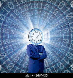 conceptual image of businessman with clock face over binary code Stock Photo