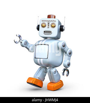 Walking retro robot isolated on white background. 3D rendering image with clipping path. Stock Photo