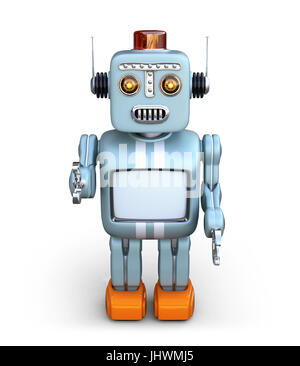 Cute retro robot looks up to the camera. 3D rendering image with clipping path. Stock Photo