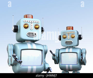 Two retro robots isolated on gradient background. 3D rendering image with clipping path. Stock Photo