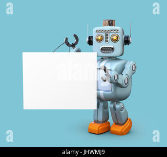 Cute retro robot with white board isolated on blue background. 3D rendering image with clipping path. Stock Photo