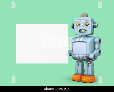 Cute retro robot with white board isolated on green background. 3D rendering image with clipping path. Stock Photo