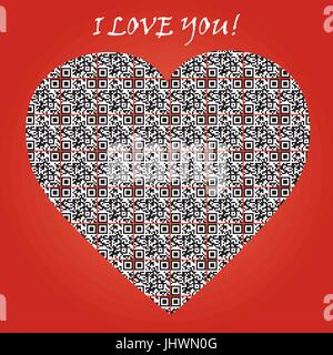 QR code with text 'I LOVE YOU' and symbol of heart. Stock Vector