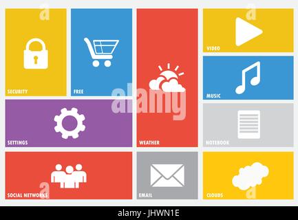 Modern colorful user interface vector layout in flat design with simple square windows, buttons, widgets and navigation icons Stock Vector
