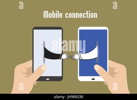 Two hands holding smart phones, hands toward each other, mobile phones. vector Stock Vector