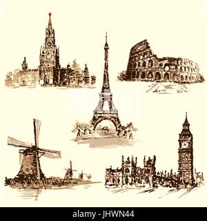 set attractions, the Kremlin, the Eiffel Tower, the Colosseum, the Big Ben, the Dutch Windmill. Watercolor hand-drawing. vector Stock Vector