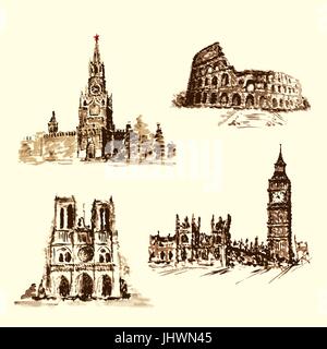 set attractions, the Kremlin, the the Colosseum, the Big Ben, Notre Dame .Watercolor hand-drawing. vector Stock Vector