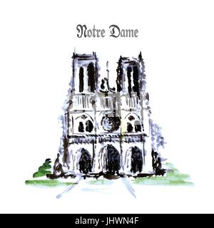 Notre Dame de Paris Cathedral, France. Watercolor hand drawing. Stock Vector