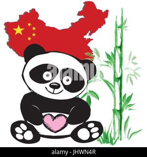 Little  cute panda  with bamboo and Chinese flag Stock Vector