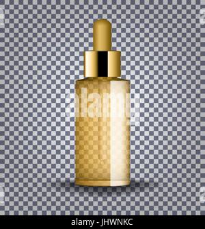 Realistic gold cosmetic glass bottle with dropper. Cosmetic vials for oil, collagen serum, liquid essential. Mock up vector illustration isolated on transparent background. Stock Vector