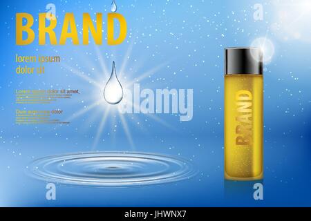 Cosmetic package for your design and advertising. Cosmetic yellow glass bottle template on water blue background with water splash and soft bokeh. 3d Vector illustration for cream, perfume, lotion. Stock Vector