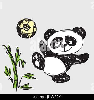 Cute Panda plays ball, hand drawing, vector Stock Vector