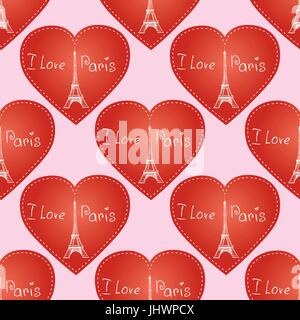 Seamless pattern  background texture. Paris France Eiffel tower in hearts. Stock Vector
