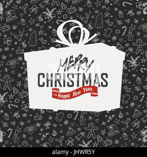 Merry Christmas Lettering on Gift Box Silhouette. On hand drawn xmas background Stock Vector